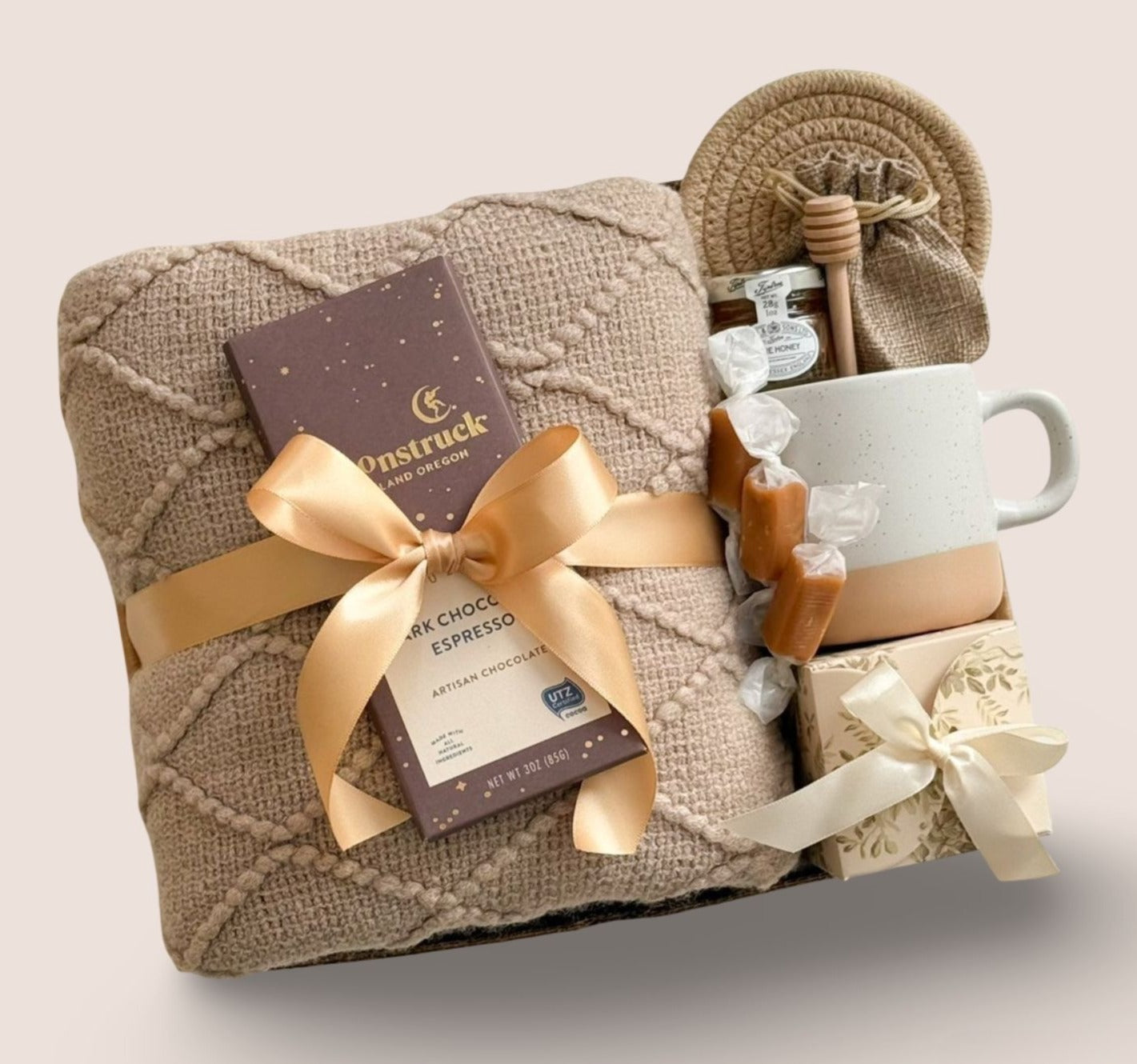 Golden Comfort Gift Set โ Blanket, Candle & Tea Package for Relaxation or Celebration